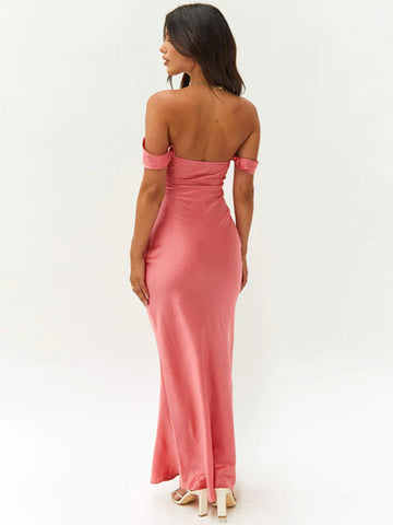 Sheath Maxi Dress Off Shoulder Pleated Party Dresses In Solid Color