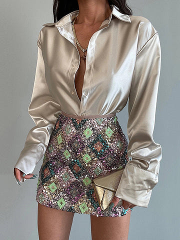 Long Sleeves Loose Buttoned Shiny Solid Color Lapel Blouses&Shirts Tops