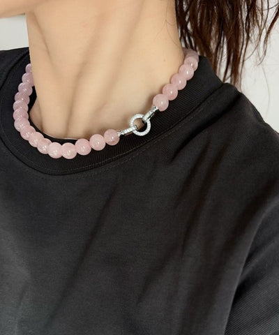 Collar bohemio de plata de ley rosa con cuentas de cristal 
