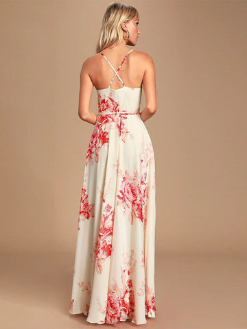Vestido largo informal sin mangas con cuello en V y estampado floral 