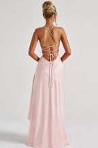 Satin Halter Irregular Split Ruffle Maxi Dress