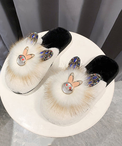 Mode Spleißen Hausschuhe Schuhe Khaki Fuzzy Pelz Zirkon 