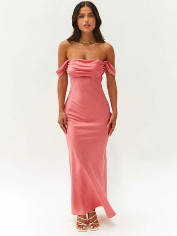 Sheath Maxi Dress Off Shoulder Pleated Party Dresses In Solid Color