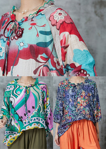 Camisa de lino con estampado oversize verde hecha a mano para verano 