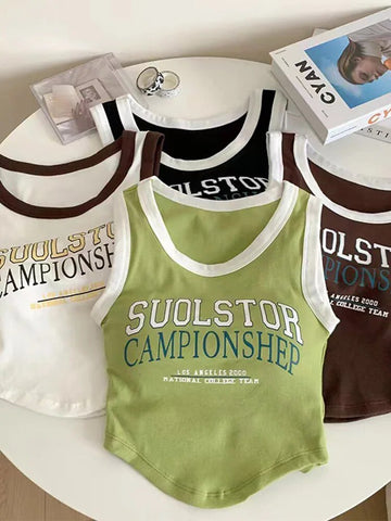 Camiseta sin mangas con estampado de letras para mujer, estilo coreano, con bloques de color y sujetador incorporado, estilo deportivo informal sin mangas, envío directo 