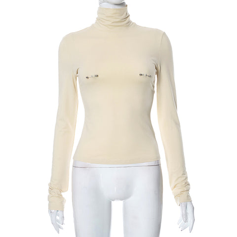Blusa interior lisa con cuello de tortuga para otoño e invierno, con adornos de metal, parte inferior para mujer, informal, cómoda, ropa de calle 