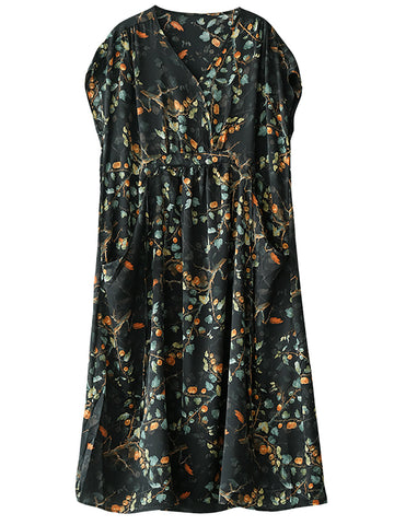 Women Vintage Floral Drawstring V-Neck Loose Dress