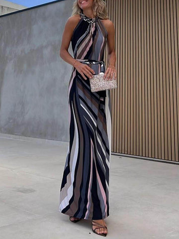 Vestido largo informal holgado con cuello halter, estampado a rayas y degradado 