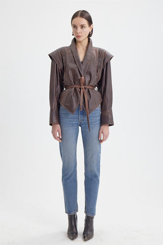 Pu Leather Flapped Coat With Belt