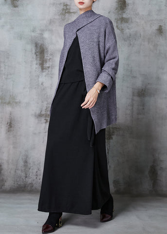 Taillierte graue asymmetrische Strickjacke und Kleid mit schlichter Passform, zweiteiliges Set für den Frühling 
