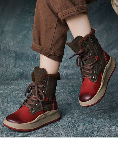 Botas de plataforma con cordones rojos y forro de lana afelpada 