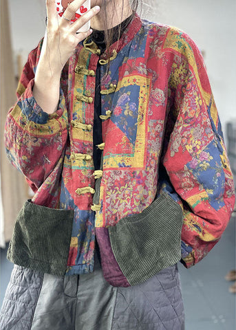 Vintage Rote Taschen Knopfdruck Herbst Langarm Mantel 