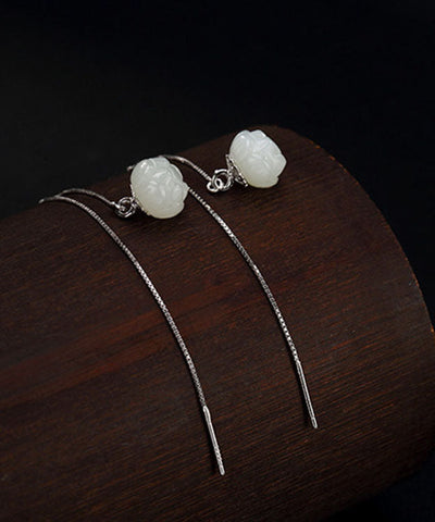 Pendientes colgantes de loto de jade con incrustaciones de plata de ley blanca de moda 