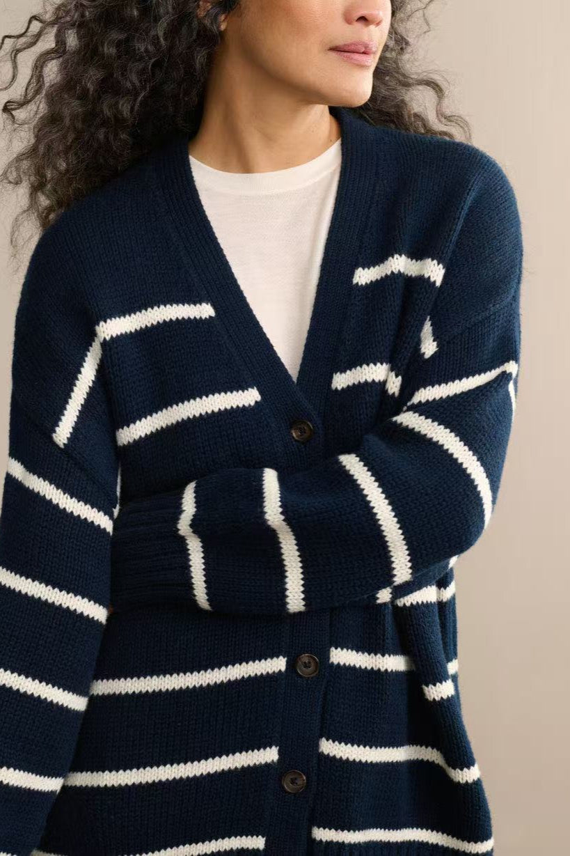 Flattering Striped V Neck Relaxed Knit Cardigan