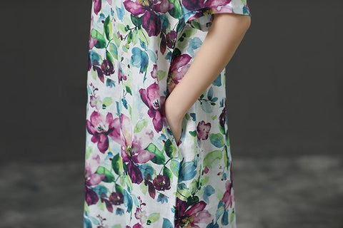 Short Sleeve Casual Loose Flower Linen Dress