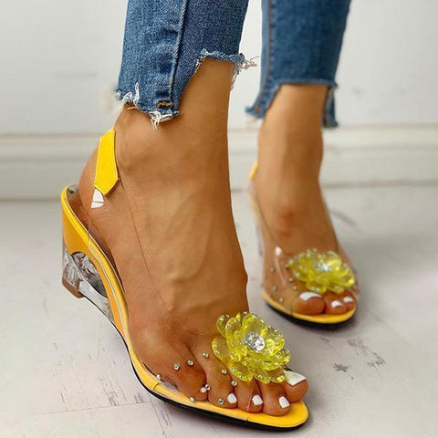 Yellow Slingback Flower Rhinestone Sandals