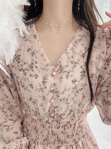 Classic Floral Ruffle Chiffon Dress-Pink