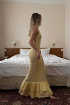 Boho Ruffle Knit Sexy Cutout Sheer Cami Maxi Dress