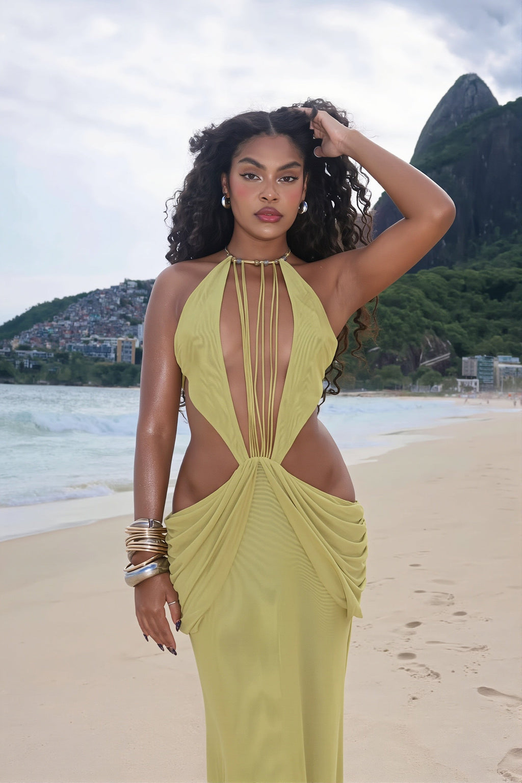 Halter Cutout Beaded Ruffle Maxi Dress