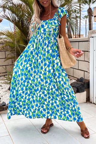Vestido largo con cuello cuadrado y estampado 