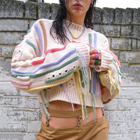 Women Clothing Autumn Winter Street Shooting Knitwear Color Matching Tassel Wild Casual Sweater