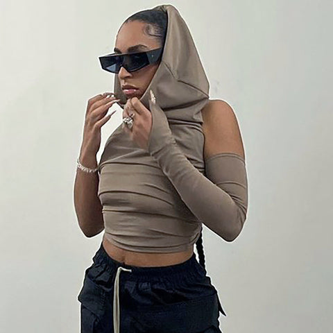 Cutenova Pile Collar Backless Streetwear Women T-shirts One-sleeve Hooded Vintage Solid Crop Tops Slim Casual Fashion Clothing