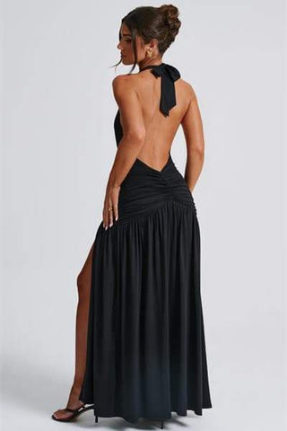 Vestido largo Norma con cuello en V profundo y cuello halter 
