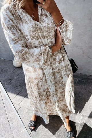 Vestido largo de manga larga con cuello en V y estampado floral 