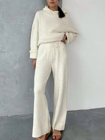 Conjunto de dos piezas de suéter holgado de color sólido con cuello redondo, capucha y mangas largas + pantalón con cordón ajustable 