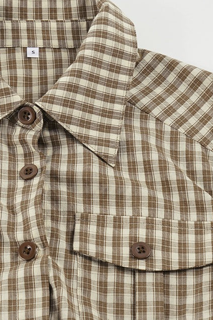 Plaid Waist Slim Five Quarter Sleeve Blouse