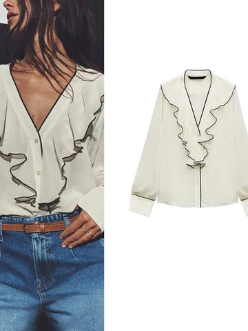 Ruffle Jacquard Print Blouse