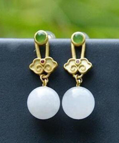 Pendientes colgantes de jade y ruyi en plata de ley blanca de moda 