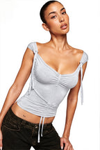 Morandi Solid Drawstring Fitted Blouse