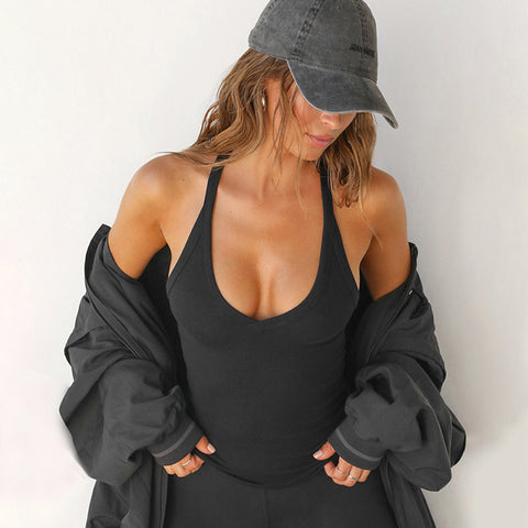 Camiseta sin mangas con cuello en V acanalada para mujer, ropa de primavera y verano 2024, top básico informal, camisola negra, blanca y gris, venta al por mayor 