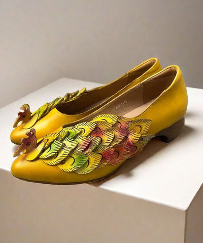 New Retro Ethnic Style Yellow Pointed Toe Cowhide Leather Shoes
