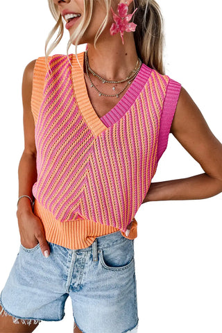 Chaleco de punto con cuello en V de color rosa chevron 