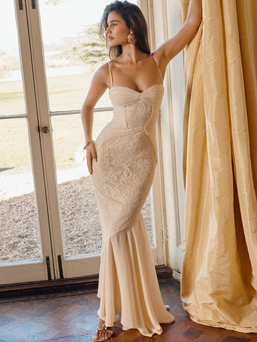 Vestido ajustado de encaje con volantes, plisado, tirantes finos, espalda descubierta, para fiesta de cumpleaños, midi. 