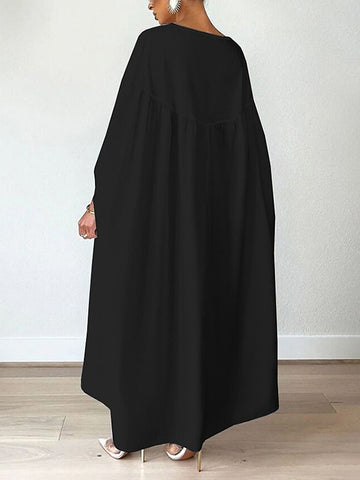 Batwing Sleeves Loose Pleated Solid Color Split-Joint Round-Neck Maxi Dresses