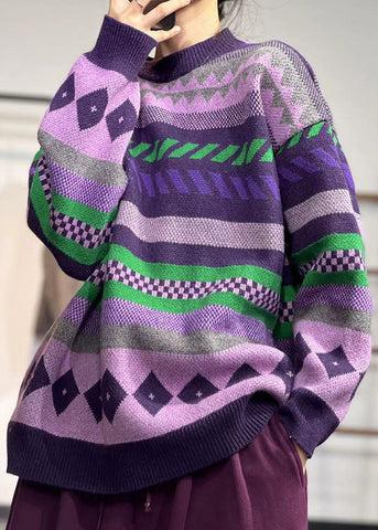 Einzigartige lila O-Ausschnitt Print gemütliche dicke Strickpullover Winter 