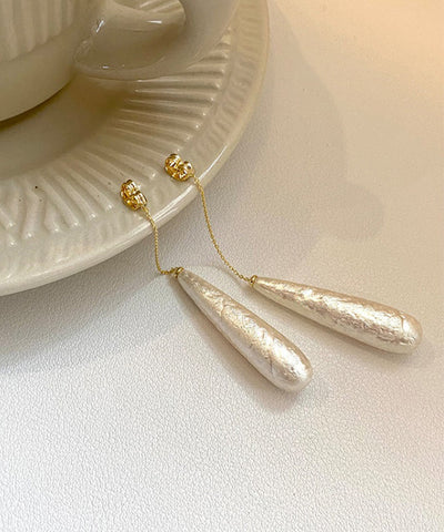 Classy White Alloy Pearl Water Drop Tassel Drop Earrings