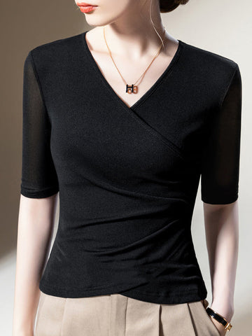 Camisetas asimétricas plisadas de color liso con cuello en V y manga corta de talla grande 