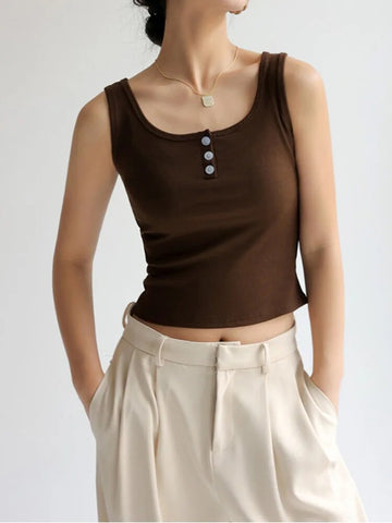 Camisetas básicas de verano para mujer, ropa de calle, top corto blanco con 3 botones, chaleco deportivo Y2k, camiseta sin mangas de punto elástico acanalado con tirantes negros 