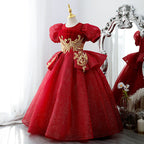 Mädchen-Weihnachtskleid, Baby-Kommunionskleid, luxuriöses rotes besticktes Prinzessinnenkleid für Hochzeiten und Partys 