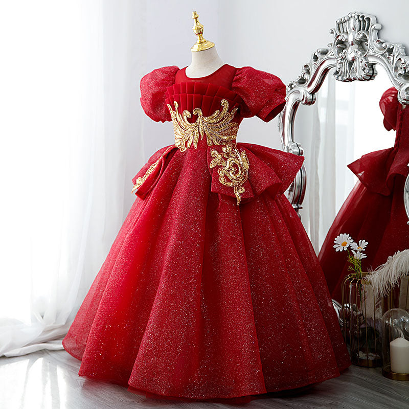 Mädchen-Weihnachtskleid, Baby-Kommunionskleid, luxuriöses rotes besticktes Prinzessinnenkleid für Hochzeiten und Partys 