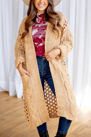 Oversize-Midi-Cardigan mit Zopfmuster und langen Ärmeln und Tasche 