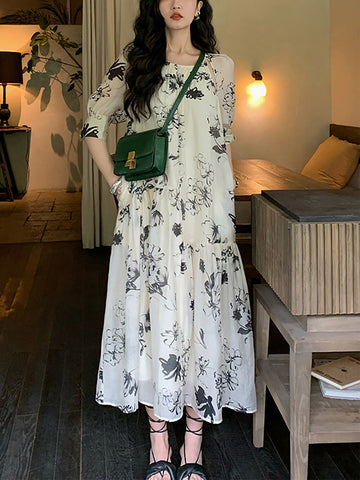 Women Summer National Floral Ink-print Pleat Loose Dress