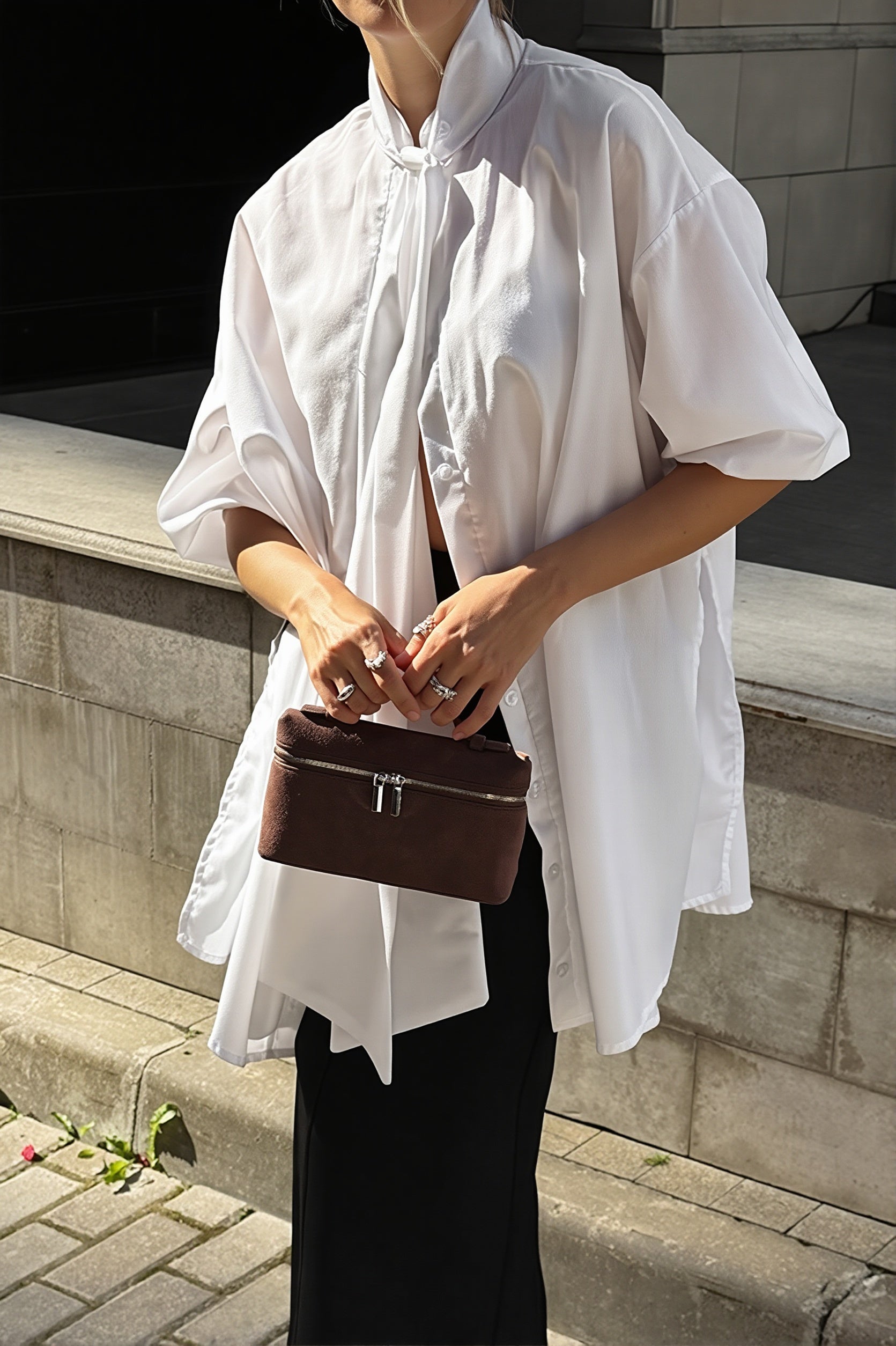 Stand Collar Tie White Elegant Blouse