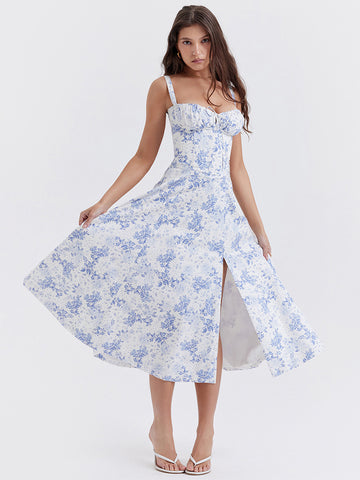 Vestido midi de fiesta con corsé, floral, tirantes anchos, espalda descubierta y abertura lateral