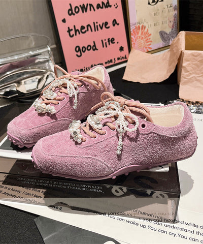 Chic Splicing Flats Lila Wildleder Lace Up Perle Zirkon 