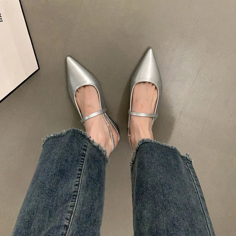 Sandalias de verano con punta puntiaguda para mujer, zapatos planos de tacón bajo a la moda, elegantes zapatos de oficina para exteriores, tipo mulas con tira trasera. 